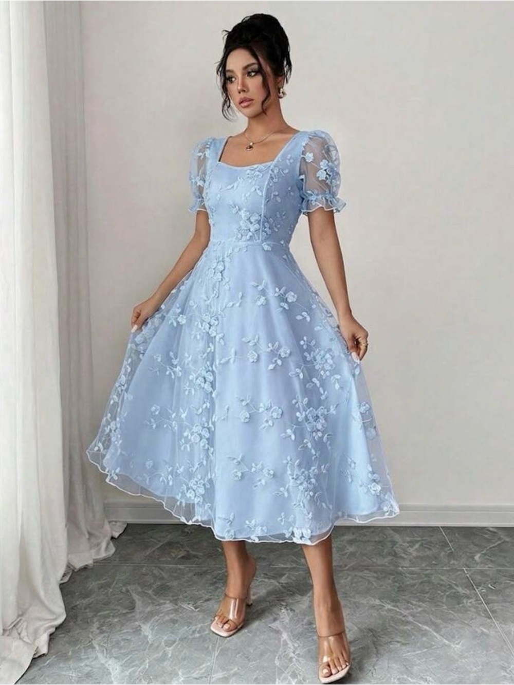 Light Blue Floral Embroidered Midi Dress